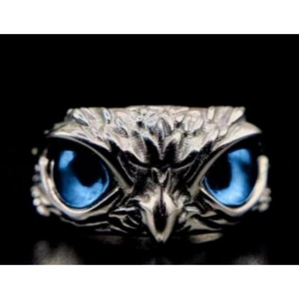 Silver Stainless Steel Blue Eye Owl Statement Ring Nickel Free Halo Vintage Y2K
